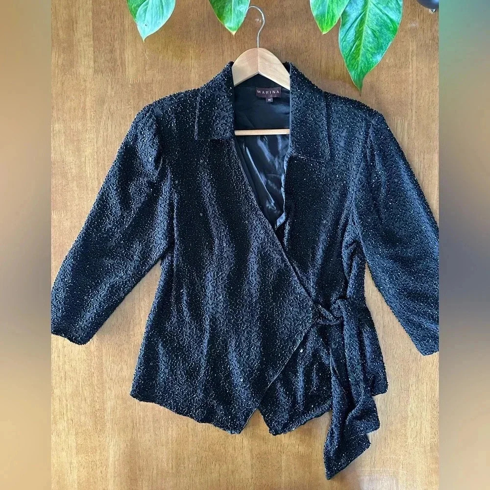 Vintage Evening Cocktail Hand Beaded Black Womens Wrap Blouse Top. Size Medium.